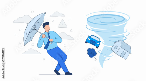 Businessman holding umbrella protecting from tornado natural disaster
