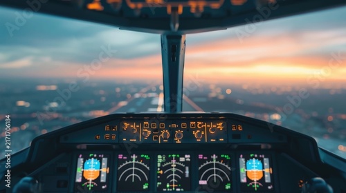 Illuminated instrument panel and digital displays inside an airplane cockpit during a twilight flight offering a perspective of the city lights and runway approach at sunset