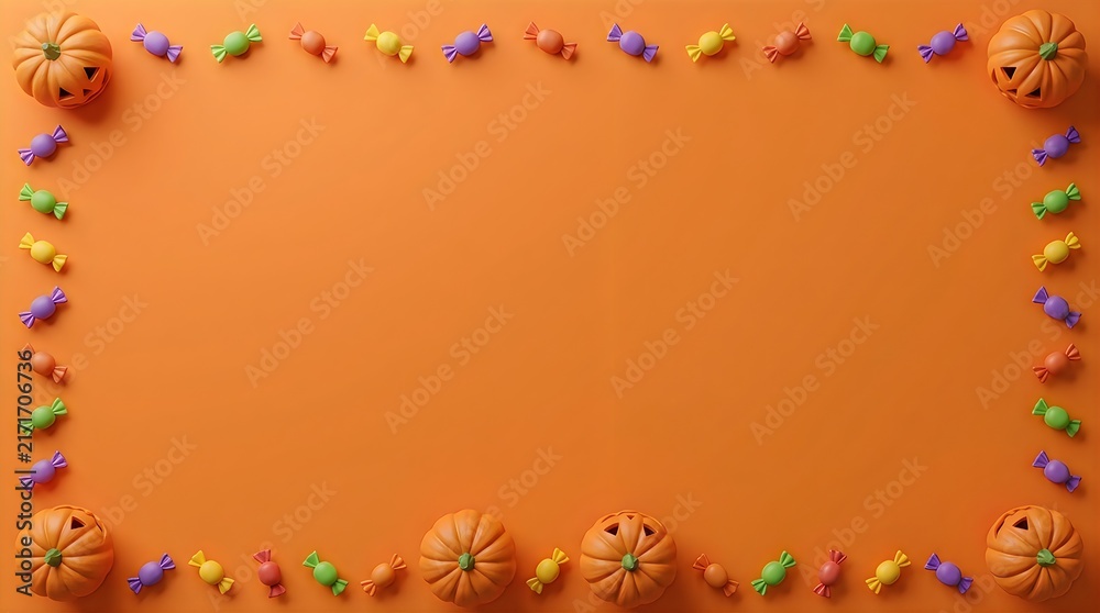 Fototapeta premium Halloween pumpkin and candy border on rustic orange background for festive fall decor