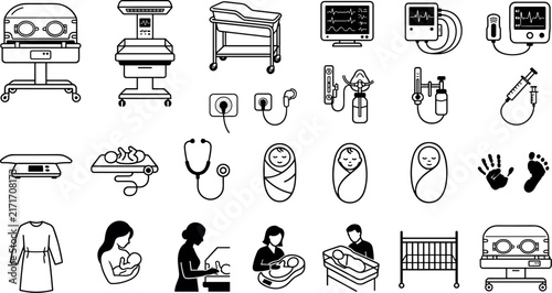 Foto Neonatal intensive care unit nicu medical equipment baby icon set vector illustr