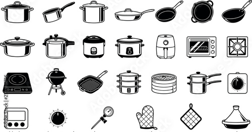Foto Kitchen cookware pots pans appliances line silhouette icon set collection vector
