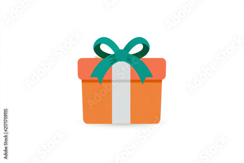 Bright orange gift box with green ribbon bow. Simple, clean design on white background. Ideal for celebrations, sales, or promotional use. Appeals to joy, giving, or special occasions