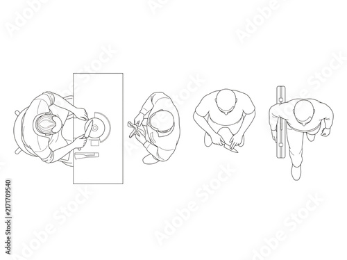 Top view line art of people walking and sitting at a desk for architectural floor plans