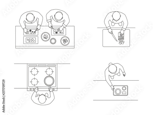 Top View Kitchen People Cooking Architectural Plan Symbols Vector Outline Set
