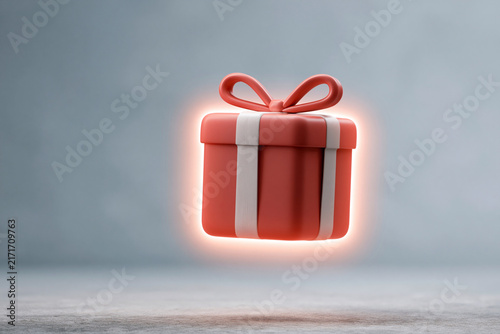 Red gift box floats above a soft surface. Glowing edges hint at mystery and wonder. Minimalist background emphasizes gift's allure. Ideal for festive, luxury, or surprise themes