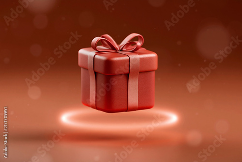 Red gift box with elegant bow floats above glowing ring. Warm tones evoke joy and celebration. Perfect for festive promotions or holiday campaigns. Smooth surface reflects soft ambient light
