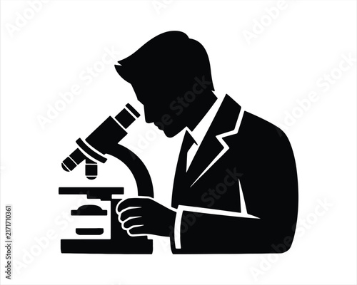 a scientist using a microscope for research isolated on white background. Scientist using microscope silhouette. scientist, microscope, research, laboratory