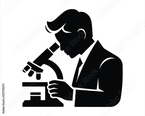 a scientist using a microscope for research isolated on white background. Scientist using microscope silhouette. scientist, microscope, research, laboratory
