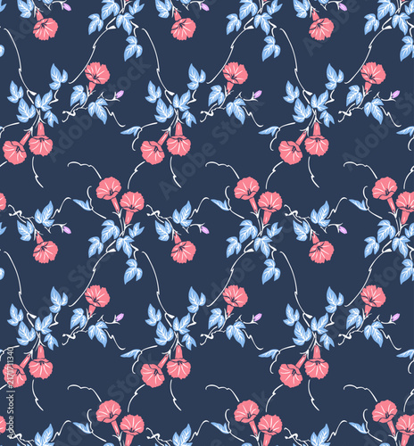 Japanese Garden Morning Glory Vine Vector Seamless Pattern