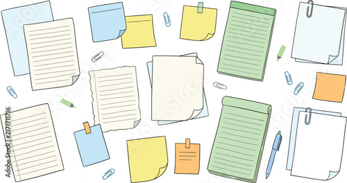 Cute Hand Drawn Pastel Lined Notebook Pages and Sticky Notes Pack with Paperclips Pen and Torn Paper Elements for Digital Planner Flatlays