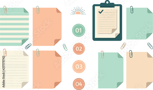 Cute Pastel Lined Memo Pads Set with Clipboard Checklist Paperclips Infographic Numbers and Curled Blank Sheets for Aesthetic Digital Planner Layouts
