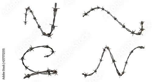 Obraz na plátně Set of four different curved pieces of sharp barbed wire strands isolated on a p