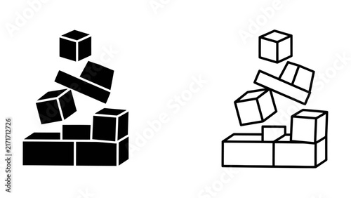 Foto Tumbling Blocks: A black and white graphic illustration depicts a precarious stack of blocks, some cubes and some rectangular, in the process of toppling, symbolizing instability and chaos