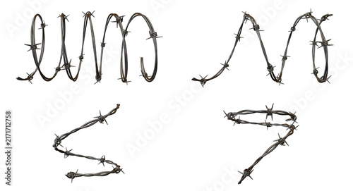 Obraz na plátně Set of sharp barbed wire strands twisted into different wavy and spiral shapes f