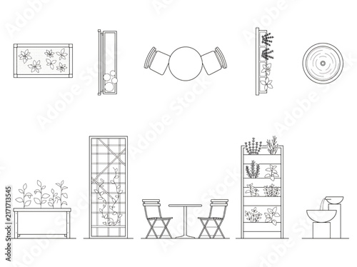 Architectural CAD blocks of outdoor garden furniture and landscape design elements for floor plans