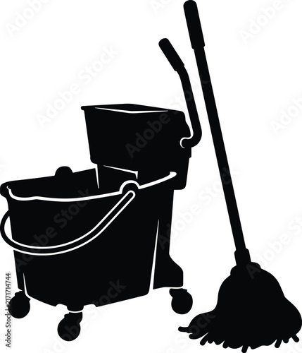 Black and white mop bucket and mop vector illustration for cleaning service concepts
