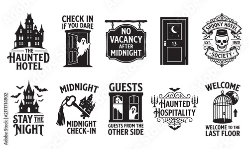 A collection of ten black and white emblems featuring haunted hotel themes, spooky ghosts, gothic mansions, skeleton motifs, and vintage typography for halloween projects