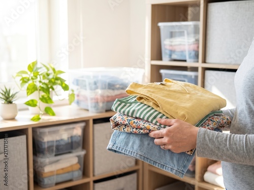 Woman holding stack of clean folded clothes near storage boxes on shelf at home. Laundry chores and wardrobe organization concept. Seasonal summer clothes storage and tidying.