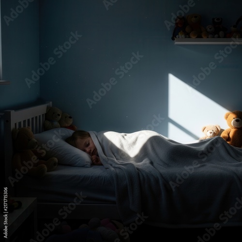 Child Sleeping Peacefully In Bed Surrounded By Teddy Bears And Sunlight