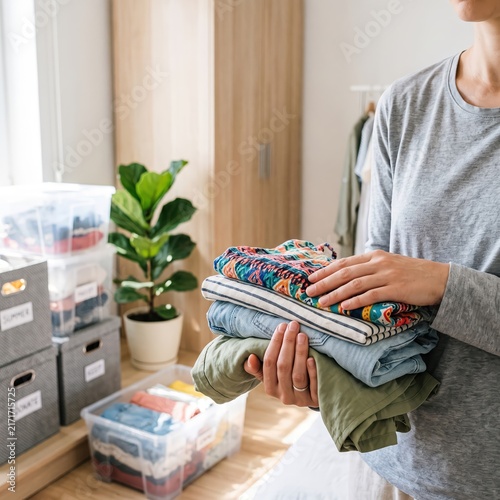 Woman holding stack of folded summer clothes. Clean wardrobe organization and seasonal clothing storage. Household chores, tidying up closet, decluttering and home organizing concept.