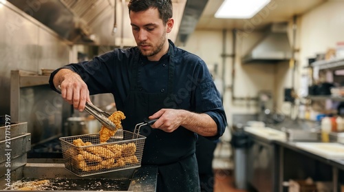 Chef Preparing Crispy Golden Fried Chicken Tenders in a Commercial Kitchen Setting for Restaurant Service and Gastronomic Excellence