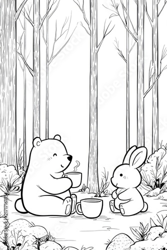 Cheerful bear and rabbit enjoy warm drinks in serene forest setting, surrounded by trees