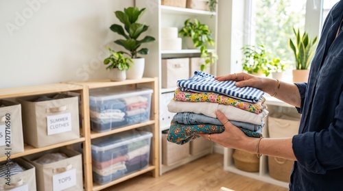 Woman holding stack of folded summer clothes. Clean wardrobe organization and seasonal clothing storage. Household chores, tidying up closet, decluttering and home organizing concept.