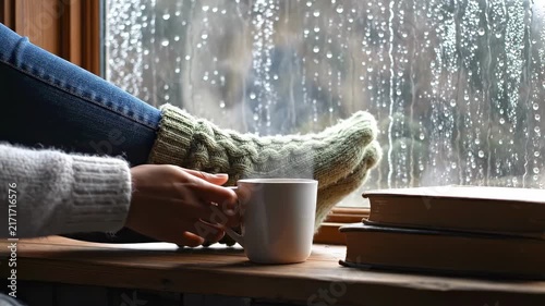 Cozy person with warm drink and books by rainy window.