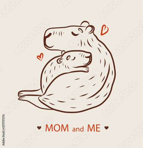 Greeting card with cute capibara family. Mom capibara and baby capibara sleeping together. Vector illustratiom with South America mamal. Mom and Me. 