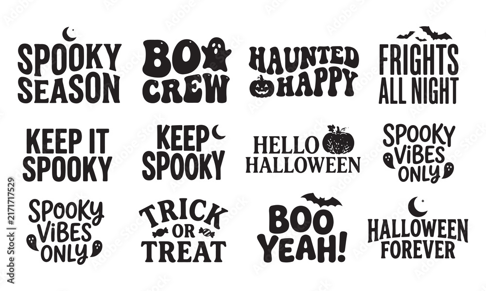 Obraz premium A collection of twelve black and white halloween themed typography featuring ghosts, bats, pumpkins, and moons for seasonal holiday apparel, greeting cards, and projects