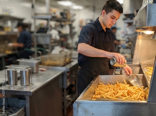 Chef Seasoning Fresh Golden French Fries in a Busy Commercial Restaurant Kitchen Environment for Fast Food Service and Culinary Excellence