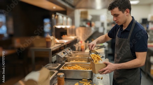 Chef Preparing Golden Crispy French Fries in a Busy Restaurant Kitchen Environment for Fast Food Takeaway Service and Culinary Excellence