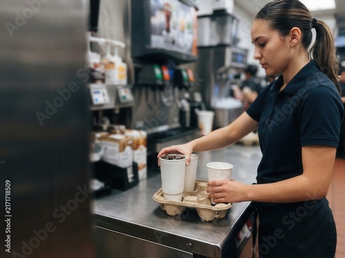 Food Service Professional Carefully Preparing Refreshing Beverages at a Fast Food Restaurant Counter for Efficient Customer Order Fulfillment