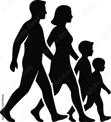 Black silhouette of a happy family walking together for outdoor lifestyle concepts