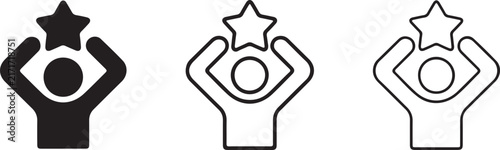 Success and achievement icon set showing a person holding a star in solid and outline variations