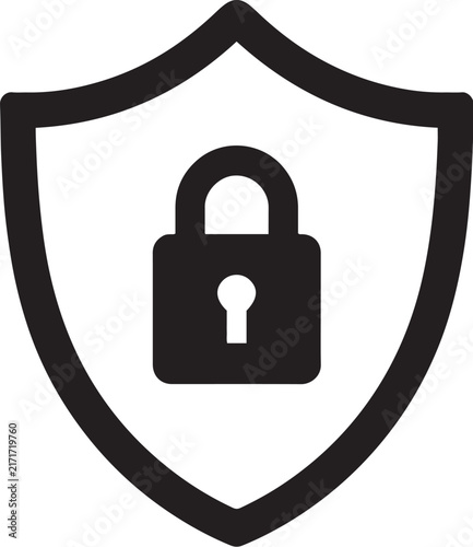 Solid closed padlock inside an outline security shield icon vector design