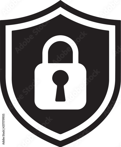 White closed padlock inside a solid security shield with outline border icon vector design