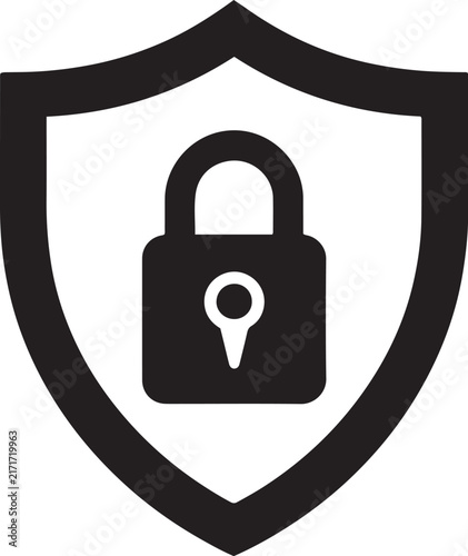Solid closed padlock with a location pin shaped keyhole inside an outline security shield icon vector design