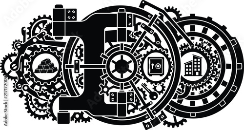 Black silhouette of financial security and banking mechanism with vault door and gears