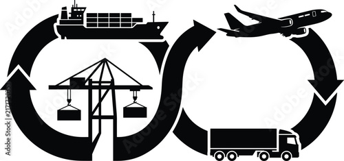 Black silhouette of global supply chain and logistics network with transport modes and recycling arrows