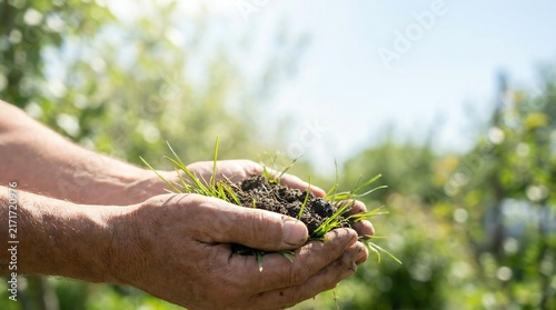 Farmer hands holding a handful of fertile soil with green grass in a sunny garden