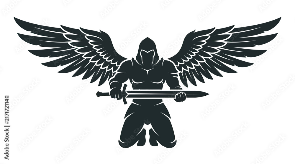 Naklejka premium Winged Warrior Kneeling with Sword