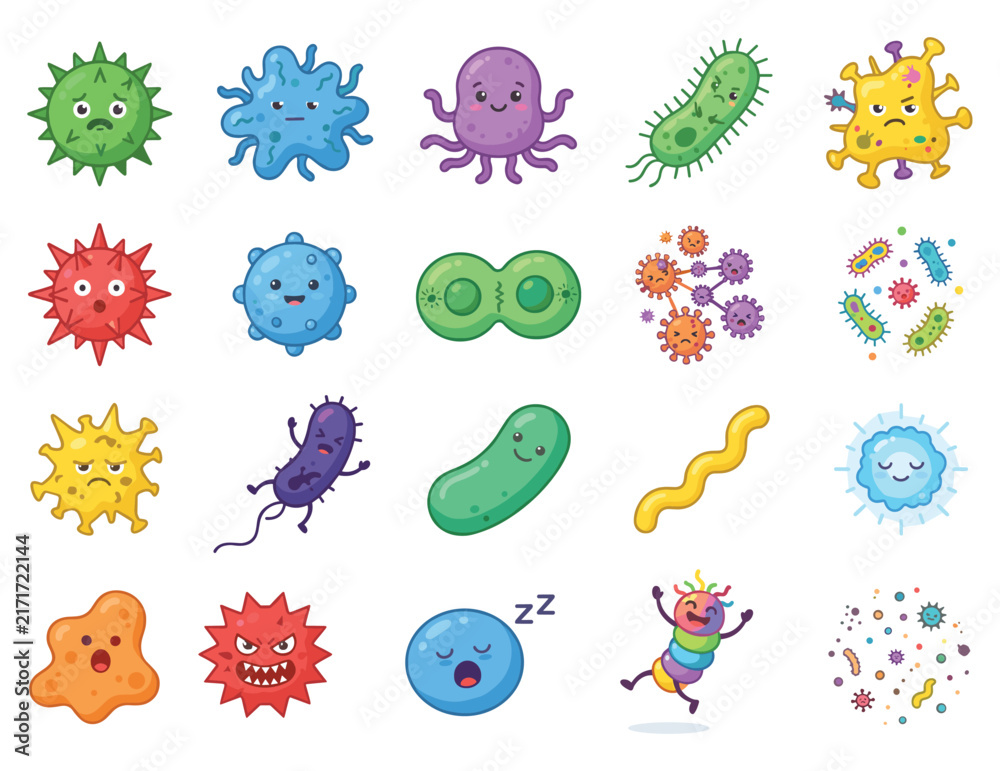 Fototapeta premium Colorful cartoon viruses and bacteria illustration set for health education and design projects