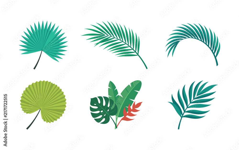 Fototapeta premium Vibrant tropical leaf illustration set with flat design style