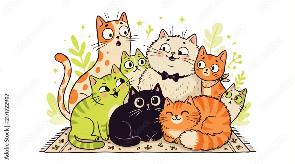 Fototapeta premium Cute group of colorful cartoon cats sitting together on patterned rug illustration
