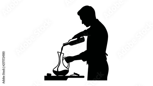 Quadro su tela Sommelier's Artistry: A silhouetted figure of a sommelier carefully decants red wine into a crystal carafe, showcasing a moment of refined expertise and passion for the craft