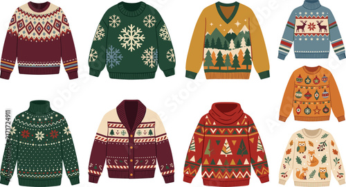 Cozy Winter Sweater Vector Collection Featuring Nordic Fair Isle Patterns Snowflake Designs Holiday Reindeer Forest Landscapes and Autumn Woodland Animals