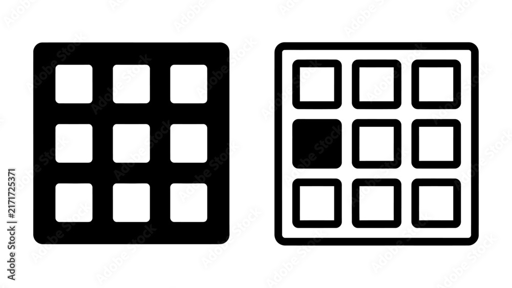 Naklejka premium Grid and Matrix Pattern: Two distinct grid patterns, one solid black and the other an outline with a single highlighted square, symbolizing selection, data, or a puzzle element.