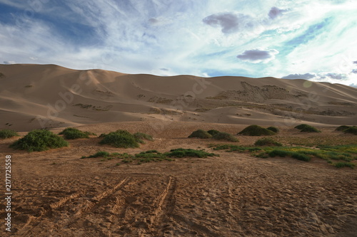 Panoramic view of the dunes in Gobi desert during sunset