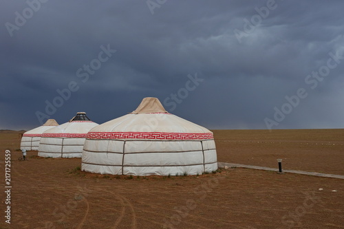 Yurt camp in Gobi desert before the storm, Mongolia